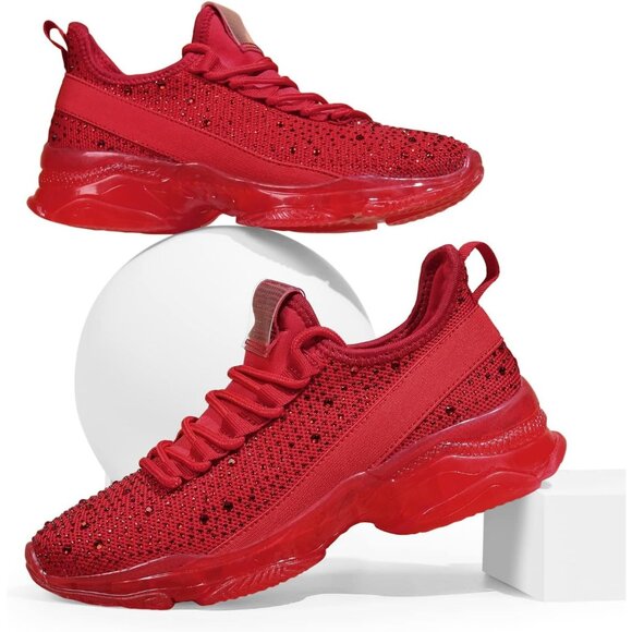 Women's Rhinestone Mesh Slip On Walking Breathable Glitter Red Sneaker Shoes - Picture 5 of 6